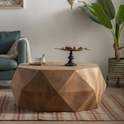 38"Three-dimensional Embossed Pattern Coffee Table, Octagon Coffee table, American Retro Style Coffee Table for Office, Dining Room and Living Room, Nature