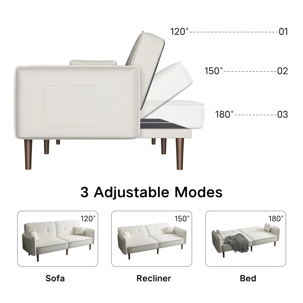 Convertible Futon Sofa Bed, 75�� Fabric Futon Couch with Adjustable Backrest, Folding Futon Sleeper Recliner for Living Room Furniture (White)