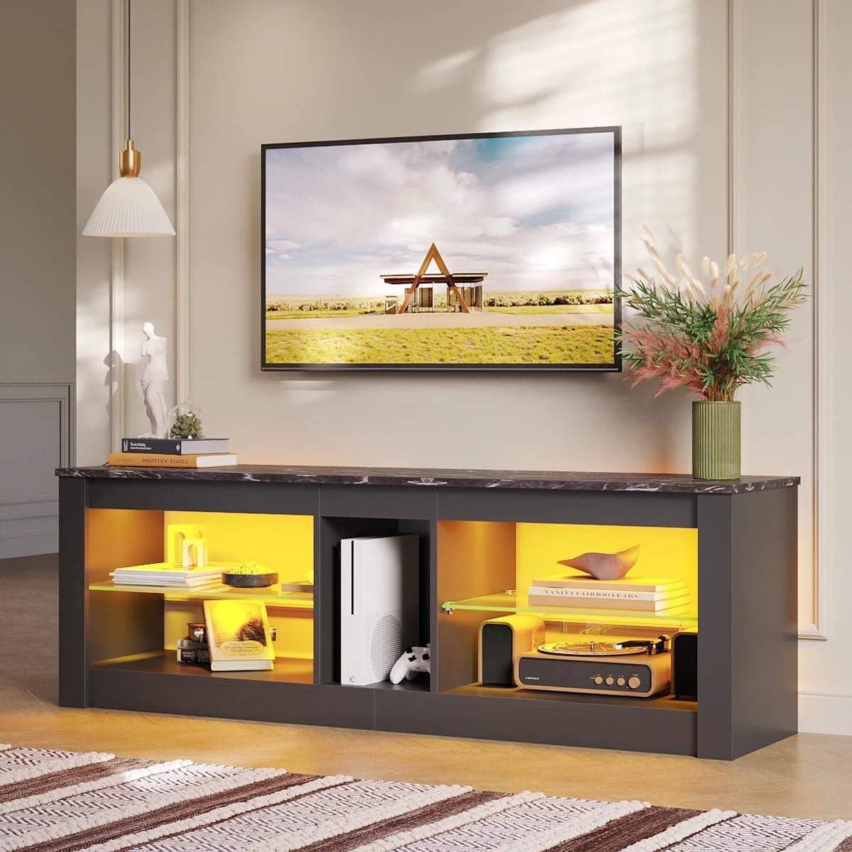 Bestier Entertainment Center with LED Lights TV Stand Media Console Table for TVs up to 60" in Light Grey