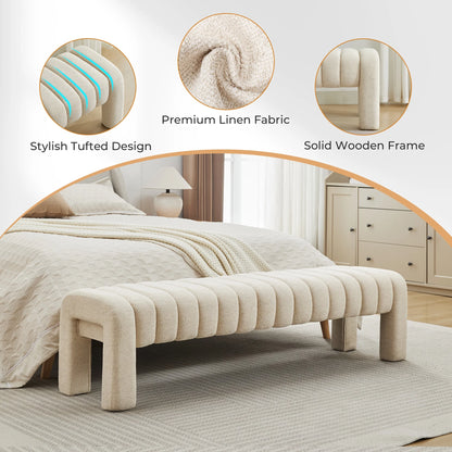 Zesthouse 63�� End of Bed Bench, Linen Tufted Upholstered Ottoman Bench with Padded Seat and Solid Wood Leg, Modern Entryway Bench for Bedroom, Living Room, Beige