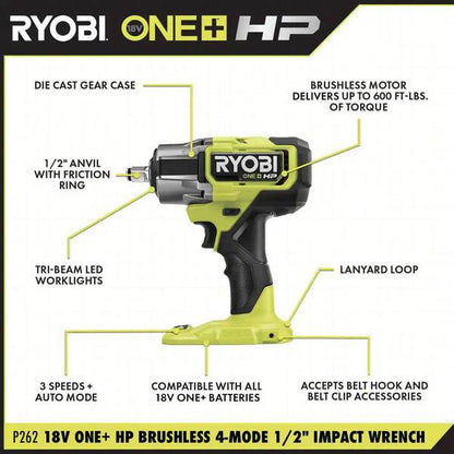 ONE+ HP 18V Brushless Cordless 2-Tool Combo Kit with Drill/Driver, Impact Wrench, Batteries, Charger, and Bag