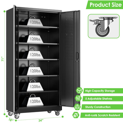 GANGMEI 72 Inches Tall Metal Garage Storage Cabinets with 5 Adjustable Shelves, Lockable Steel Black Storage Cabinet with Doors for Office, Home, School, Shops, Garage, Assembly required
