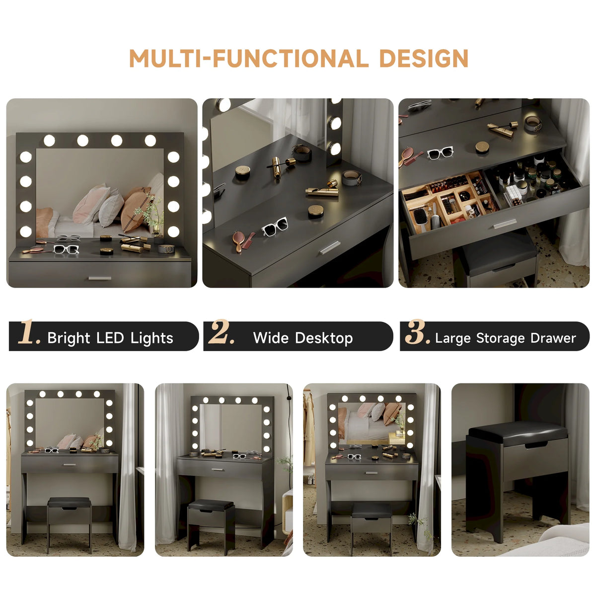 Vanity Table Set with Lighted Mirror,Makeup Vanity with Lights, Large Drawer Sturdy Wood Vanity, White