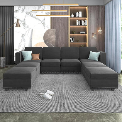 Mjkone Modular Sectional Sofa with Adjustable Armrest and Backrest for Living Room，U/L  Shaped Couch 8 Seater Convertible Sectional Couch with Storage Ottoman for Living Room,Dark Grey