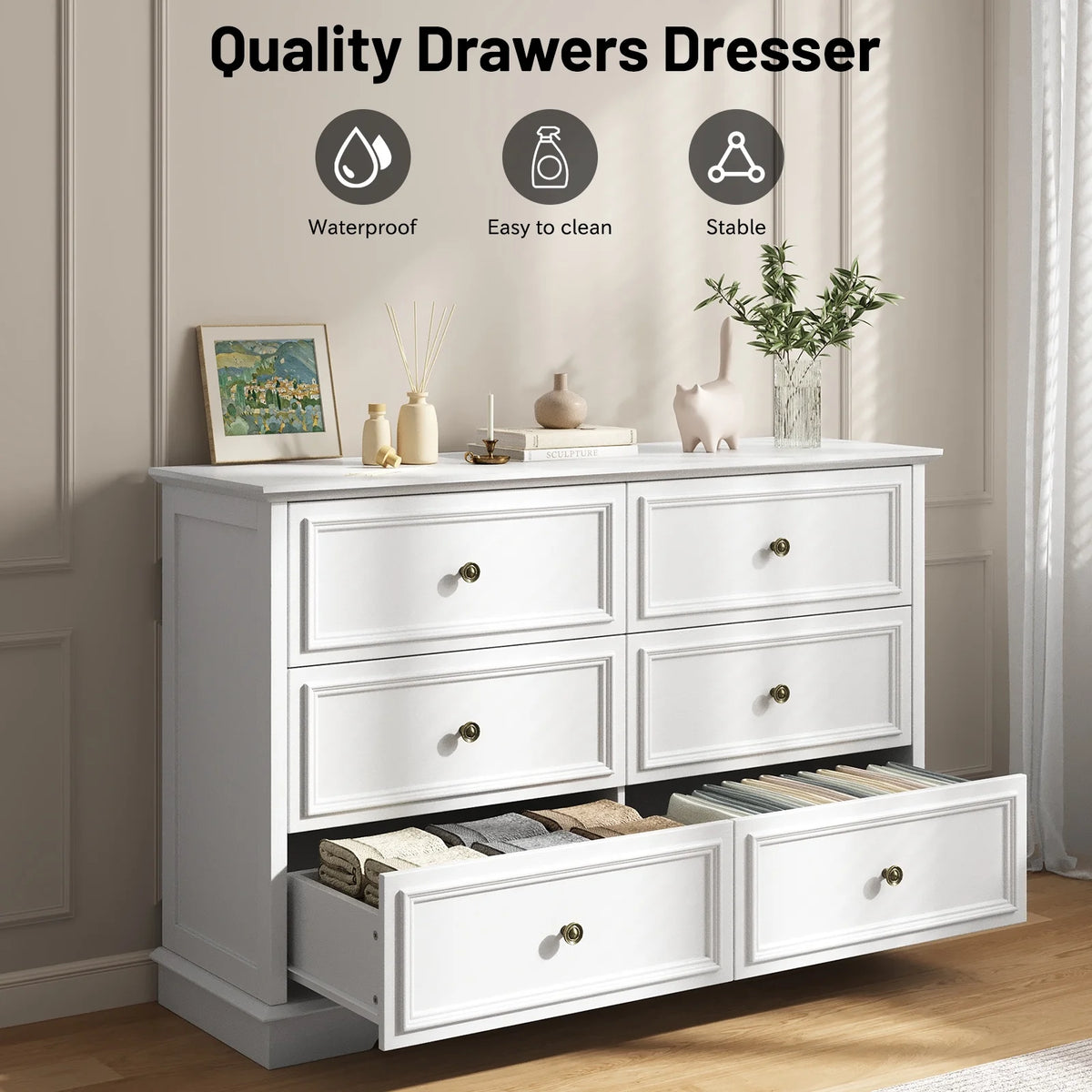 IDEALSOUL Black Dresser,6 Drawer Dresser for bedroom,Retro Wood Storage Cabinet for Living Room