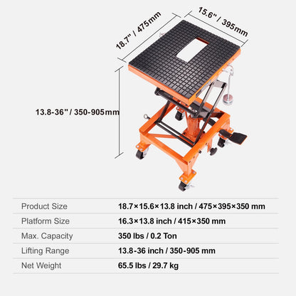 BENTISM Hydraulic Motorcycle Lift Table 350 lbs Height 13'-36' Dirt Bike Scissor Jack Stand with Wide Deck Safety Pin J-hook