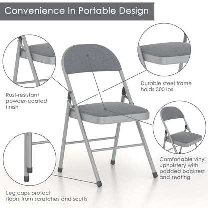 VECELO Set of 4 Folding Chairs, Fabric Dining Chair Set with Padded Cushion and Back, Indoor Outdoor Upholstered Seat with Metal Frame for Home Office Events Wedding Party, Orange