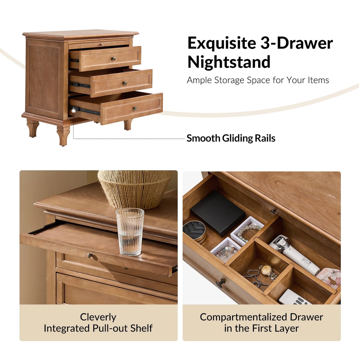 Farmhouse 3 Drawers Nightstand with Tray Bedside Table with Charging Station Acorn