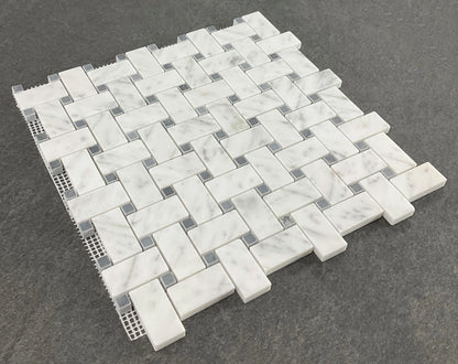 10 Sheets of 1" x 2" White Cararra and Gray Dot Basketweave Marble Mosaic Wall & Floor Tile