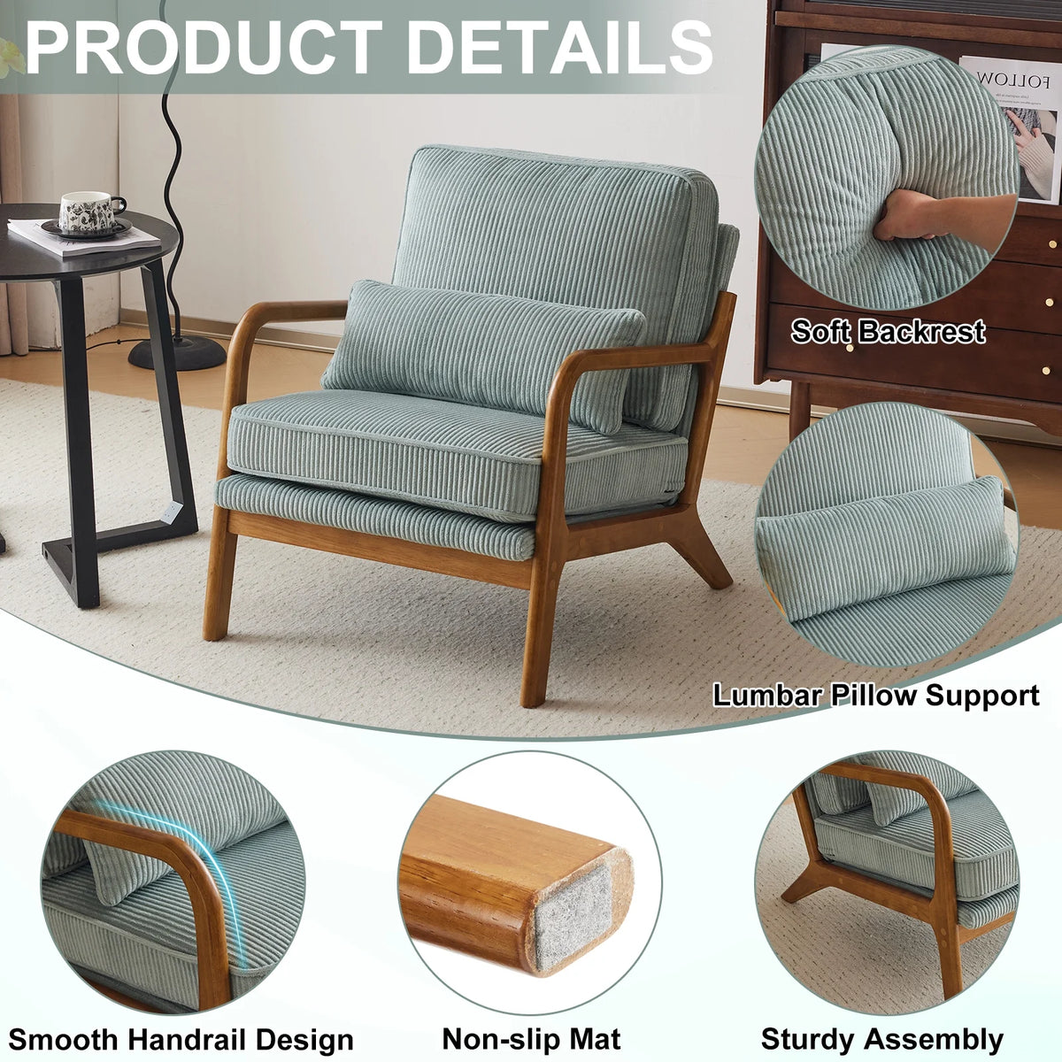 Ktaxon Accent Chair Corduroy Upholstered Armchair, Reading Club Chair with Pillow and Solid Wood Frame for Living Room Bedroom Furniture Off White