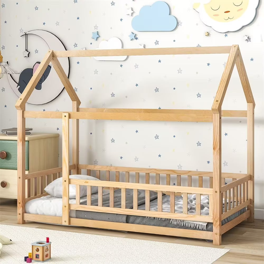 Twin Size House Bed for Boys and Girl, Wooden Canopy Bed Tent Bed, Playhouse Design Bed Frame with Full-lenth Guardrail, Bedroom Furniture, 79.5��L x 44.8��W x 66.2��H, White