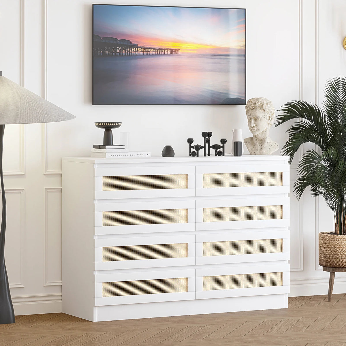 Jojoka 6-Drawers Rattan Dresser for Bedroom Chest of Drawers, TV Stand for 55" TV, Wood Top Storage Organizer Cabinet for Living Room, Entryway, Hallway, Natural