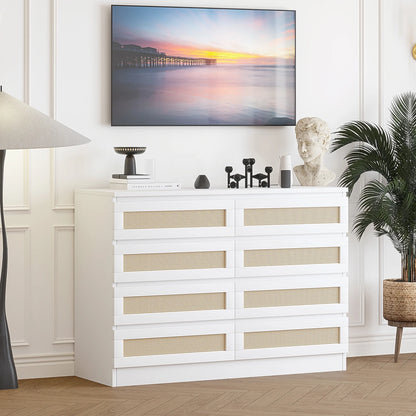 Jojoka 6-Drawers Rattan Dresser for Bedroom Chest of Drawers, TV Stand for 55" TV, Wood Top Storage Organizer Cabinet for Living Room, Entryway, Hallway, Natural