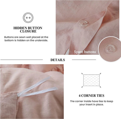 Simple&Opulence 100% Washed Linen Duvet Cover Set-3 Pieces Shabby Chic Premium Ruffled Bedding with 1 Comforter Cover and 2 Pillowshams France Flax High End Frill Sets Vintage Style(King, White)
