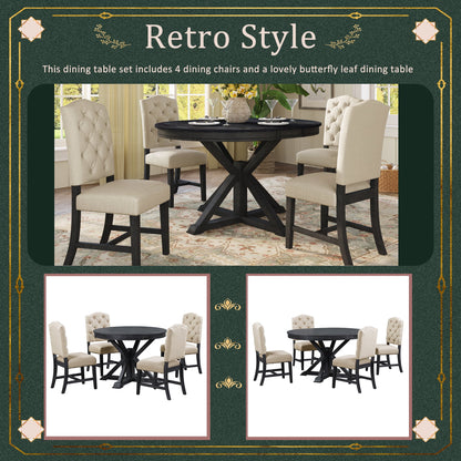 Besthome Farmhouse Extendable Round Kitchen Dining Room Table Set with Upholstered Chairs of 4, 5 Piece Round Dining Table Set with Extendable Table, Espresso