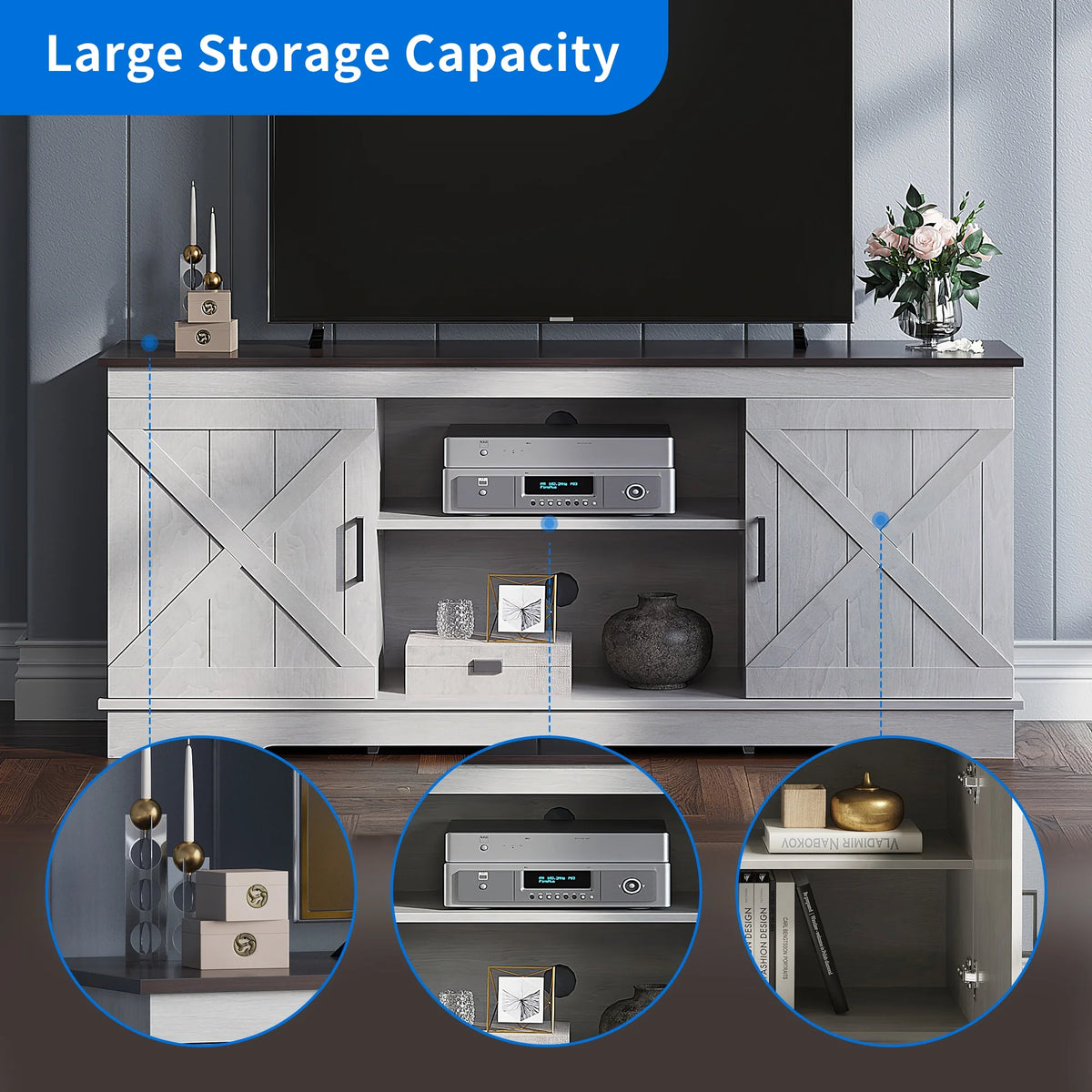 Dextrus Farmhouse TV Stand for 65 inch TV, Entertainment Center for Living Room, TV Media Console Cabinet, Grey Wash