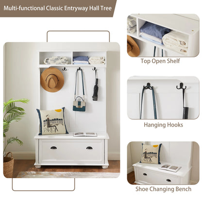 PORKISS Hall Tree, Wood Entryway Hall Tree with Open Shelves, Shoe Cabinets and Solid Wood feet, Coastal Style Hall Tree with Storage Bench, Modern Tree Entryway Bench for Living Room, White