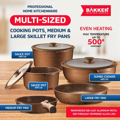 Bakken Master 38 Piece Granite Cookware and Bakeware Set �C Nonstick Granite Coating, Pots and Pans with Detachable Handles and Tempered Glass Lids, 6-piece Bakeware set, 12-piece Mixing Bowls,Brown