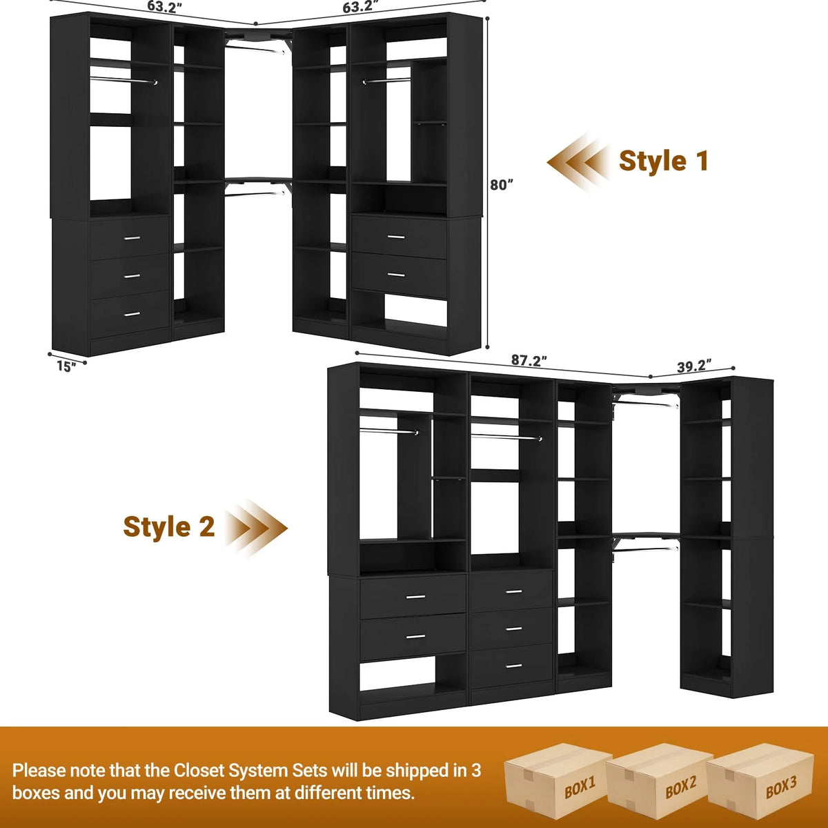 Homieasy Freestanding Closet System with 3 Sets, 87.2" Closet Organizer System with 5 Drawers & 4 Hanging Rods, Reversible L Shaped Walk-in Closets, Black