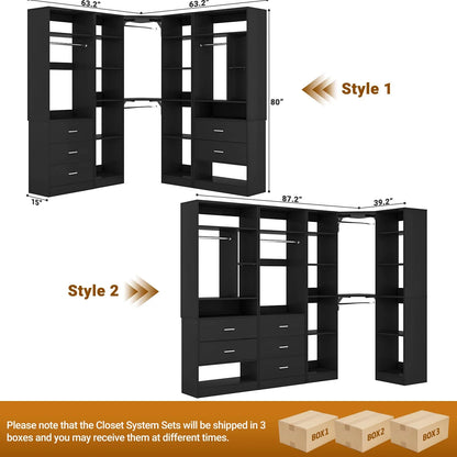 Homieasy Freestanding Closet System with 3 Sets, 87.2" Closet Organizer System with 5 Drawers & 4 Hanging Rods, Reversible L Shaped Walk-in Closets, Black