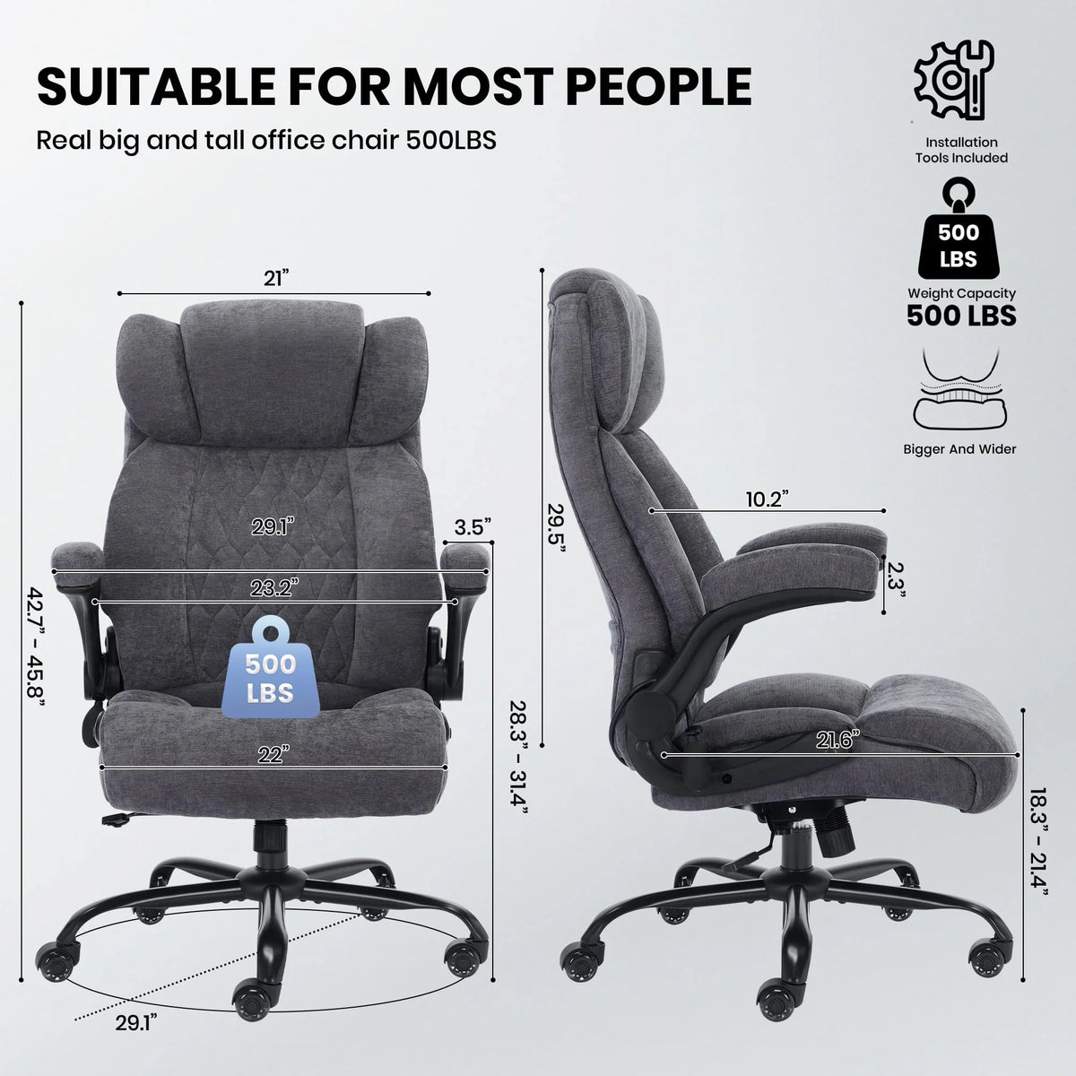 HomeZeer Executive Office Chair, Big and Tall Home Office Chairs 400lbs, High Back Executive Office Chair with Adjustable Flip up Arm, Wide Seat Leather Desk Computer Chairs, Black