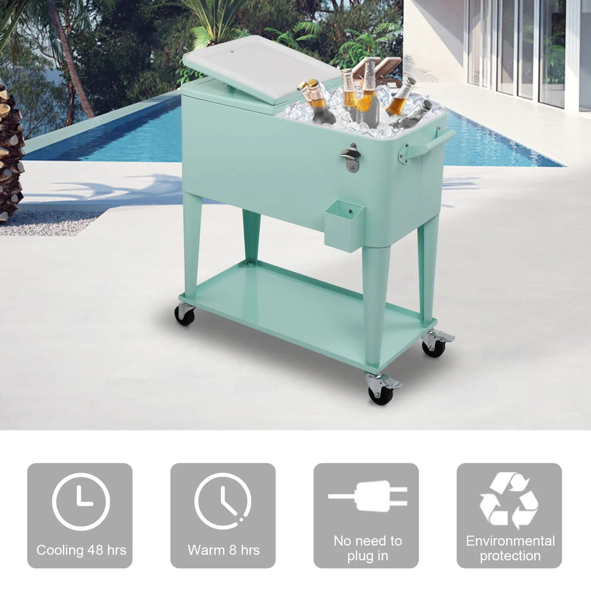 BNSPLY 80 Quart Outdoor Cooler Cart Rolling Ice Chest Cooler Cart, Portable Patio Cooler with Bottle Opener, Handles and Drainage, Standing Cooler for Patio Party, Camping and BBQ, Mint Green