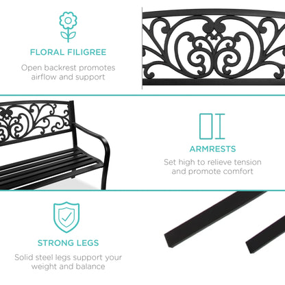 Best Choice Products Outdoor Steel Bench Garden Patio Porch Furniture w/ Floral Design Backrest - Black