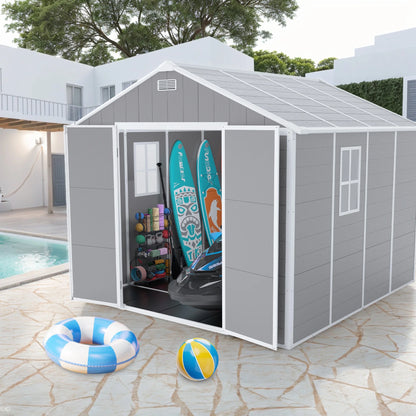 Outdoor Shed & Storage, Seizeen All-Weather Plastic Sheds 82'' H, Sloped Top Garden Shed with Window, Heavy-Duty Resin Outdoor Storage W/Floor, Gray