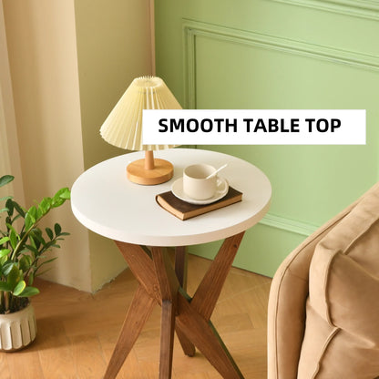 Farmhouse-style Solid Wood Crossed Legs Round Table, Boho Small Side Table with a White Top, Modern Wooden Bedside Table suitable for Bedroom, Living room, and Small Spaces, Easy to Assemble