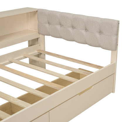 Euroco Wood Twin Size Platform Bed with Desk and Shelves, Drawers and USB Charging for Kids, Cream