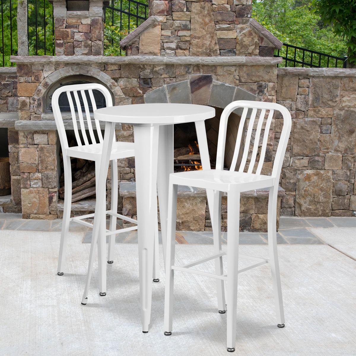 Flash Furniture Earl Commercial Grade 24" Round Silver Metal Indoor-Outdoor Bar Table Set with 2 Vertical Slat Back Stools