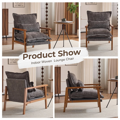Ktaxon Chenille Accent Chair, Solid Wood Armrests Armchair, Metal Frame for Stability, Single Sofa with Comfortable Cushions and Lumbar Pillow Beige