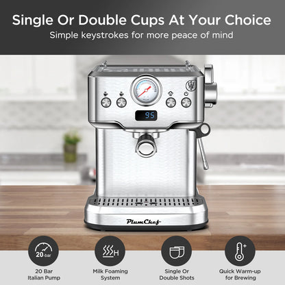 Plum Chef Espresso Machine 20 Bar Coffee Makers, Cappuccino Machine with E.S.E Pod & Pressure Gauge for Home, 1.8L Water Tank, Stainless steel, Silver