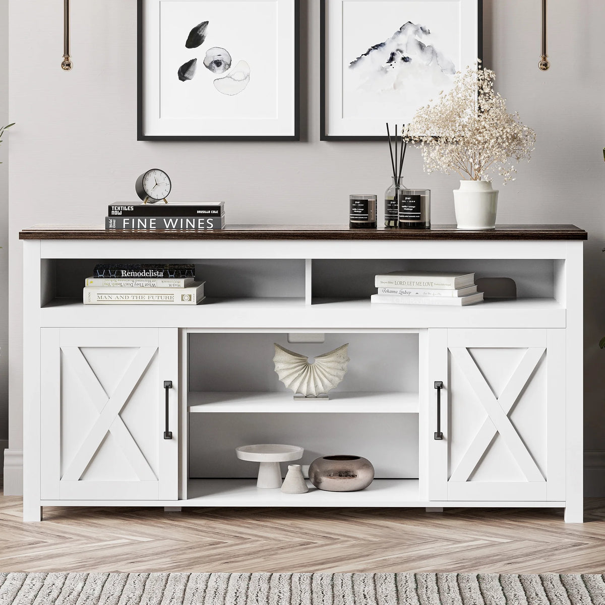 BELLEZE 58 Inch TV Stand, Contemporary Entertainment Center for TVs up to 65", Wood Media Console Table with Two Open Shelves and Barn Door Cabinets - Corin (White)