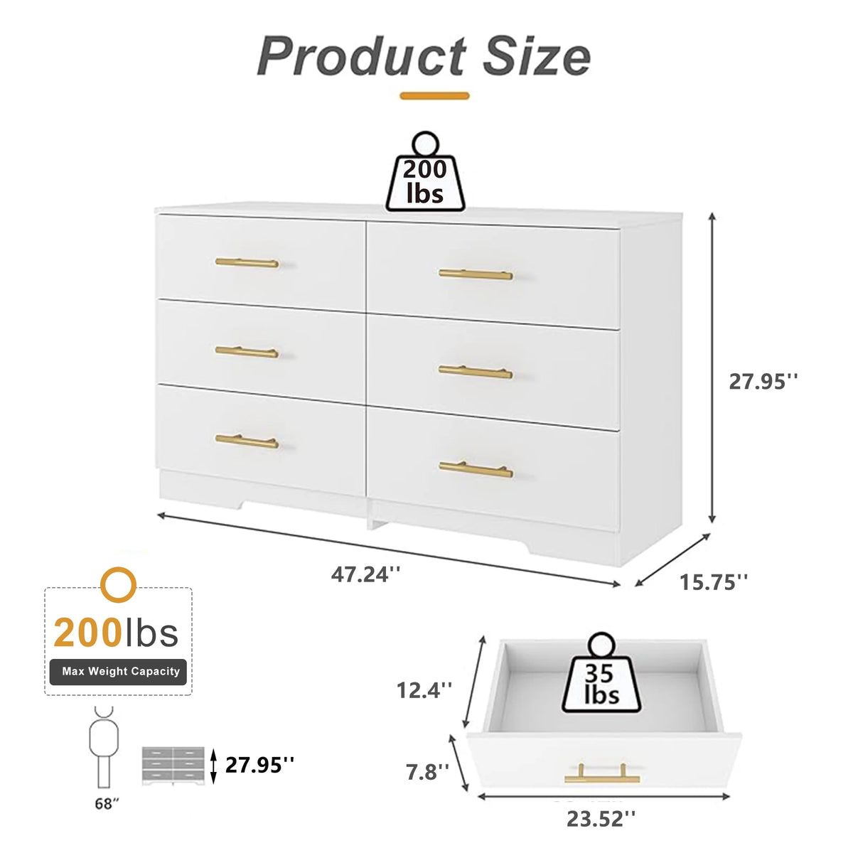 Kadyn White Chest of Drawer, 6 Double Drawer Dresser for Bedroom, Modern Storage Cabinet for Living Room, Dresser