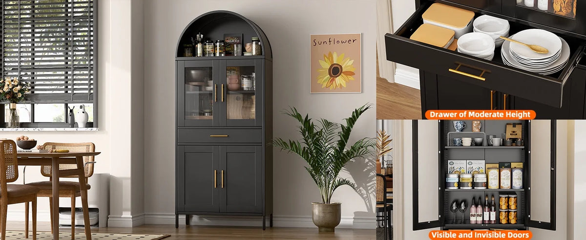 SUPEER Metal Arched Storage Display Cabinet with Glass Doors and Adjustable Shelves, Lockable Cabinet, Assembly Required, Black