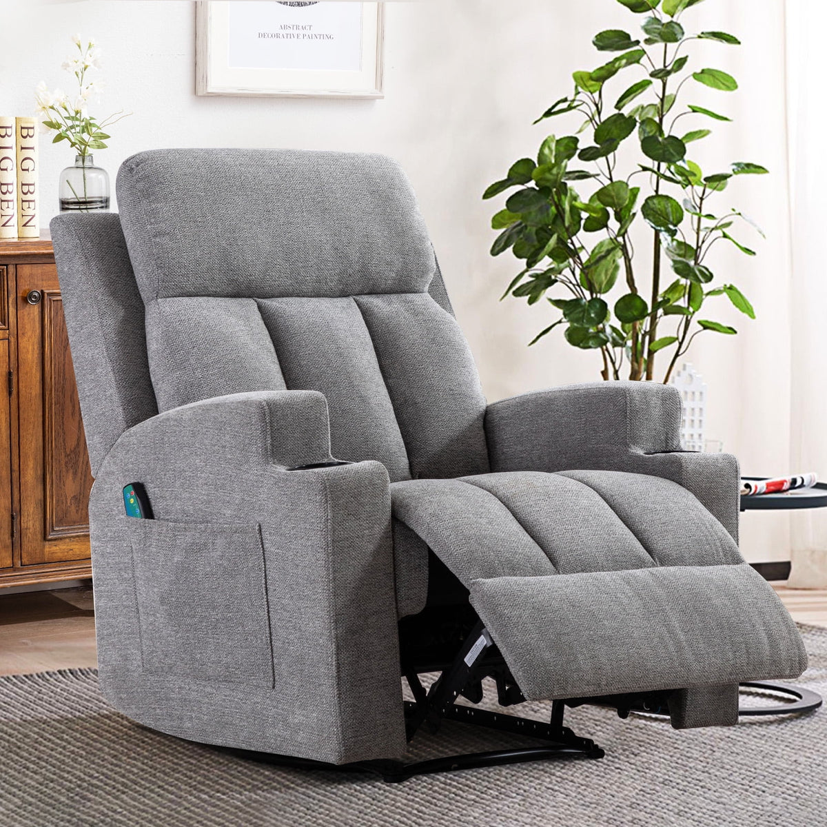 Bonzy Home Heated Manual Massage Recliner with Cup Holder Padded Breathable Fabric Recliner, Home Theater Seating��Navy