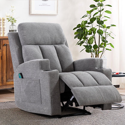 Bonzy Home Heated Manual Massage Recliner with Cup Holder Padded Breathable Fabric Recliner, Home Theater Seating��Navy