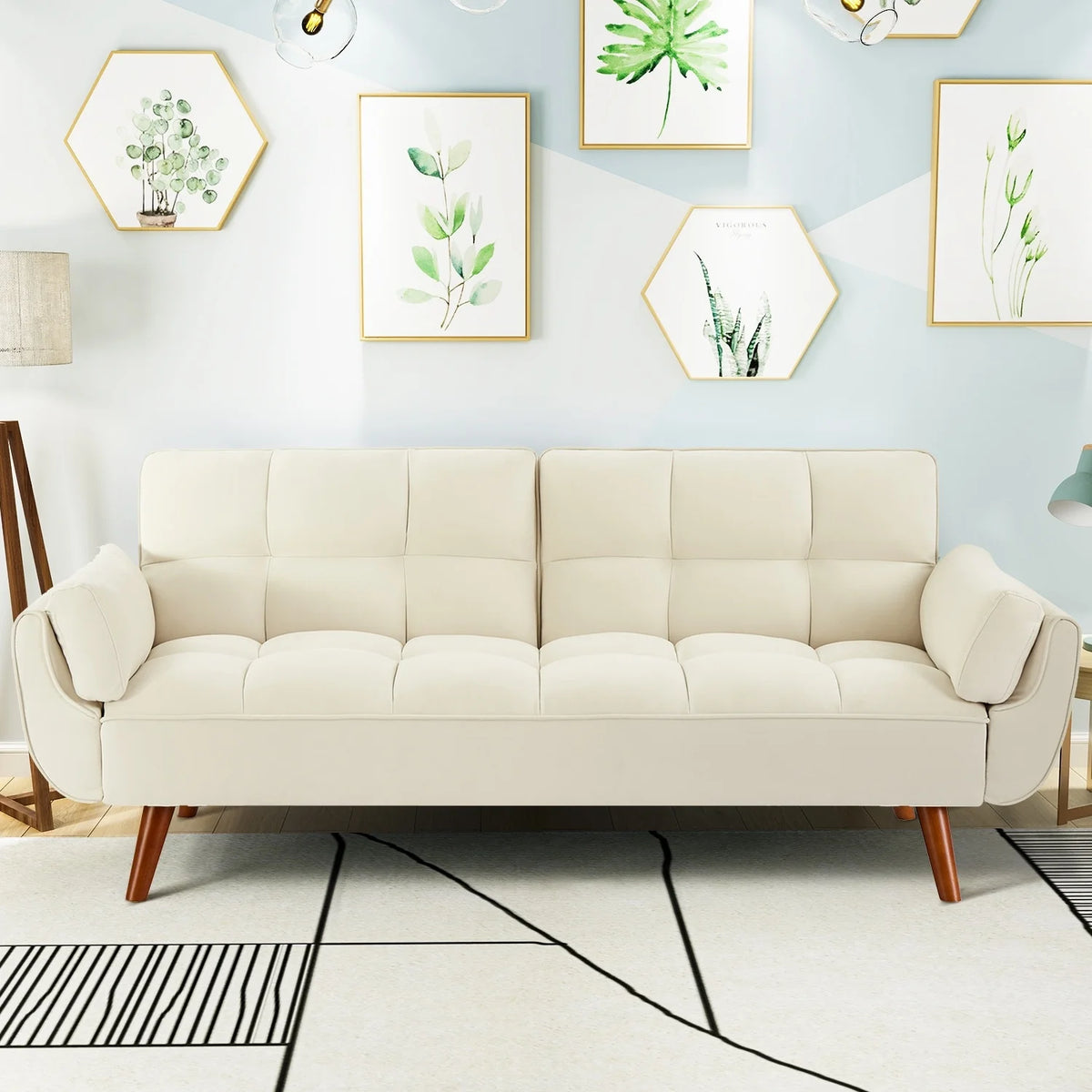 MILEMONT 75.39" Futon Sofa Bed, Convertible Folding Futon Couch Recliner Lounge For Living Room With 2 Pillow/Armrest Beige
