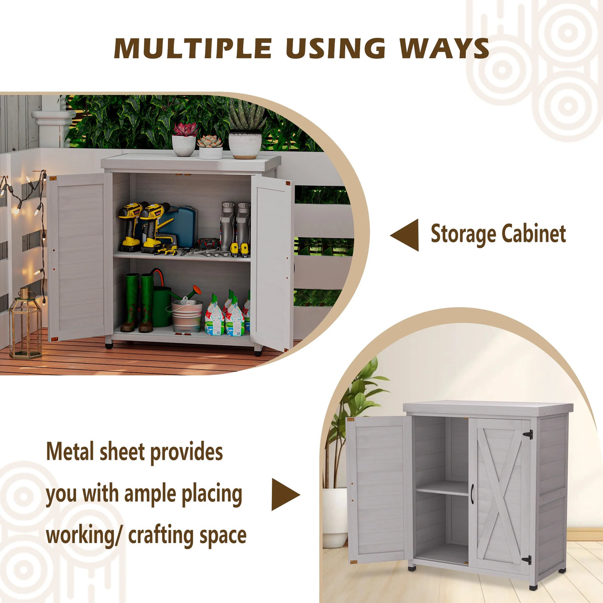 Tcbosik Outdoor Storage Cabinet & Potting Bench Table, Wooden Patio Furniture with Metal Top, Garden Workstation for Backyard, Lawn, Deck, Balcony, Gray