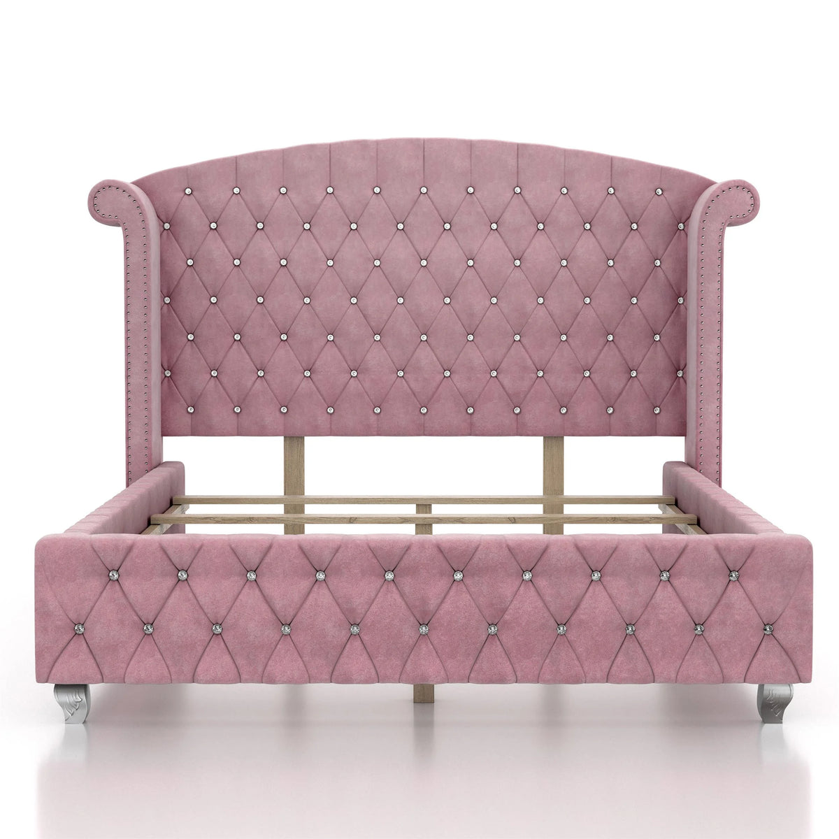 FOA Cyndi 3pc Pink Fabric Bedroom Set- Full + 2 Nightstands and Care Kit