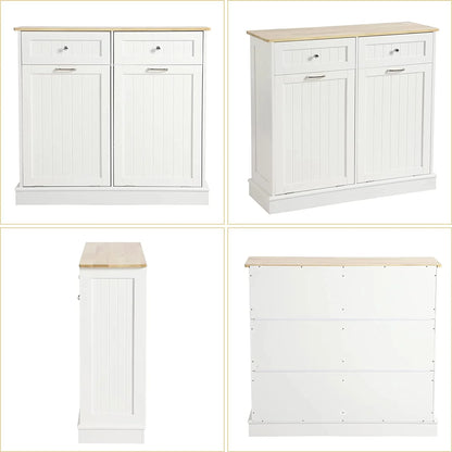 KIGOTY Dual Kitchen Trash Cabinet, Double Tilt Out Trash Can Cabinet with Countertop and Drawer, Free-Standing Pet Proof Recycling Cabinet Garbage Can Holder, Wood (White)