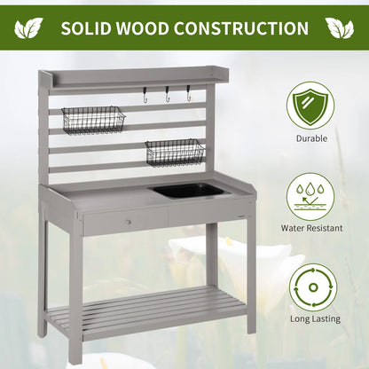 Outsunny Potting Bench Table, Garden Work Bench, Workstation with Metal Sieve Screen, Removable Sink, Additional Hooks and Baskets for Patio, Courtyards, Balcony, Natural
