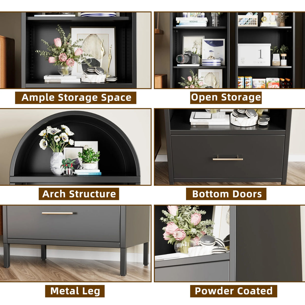 SUPEER Metal Arched Storage Display Cabinet with Glass Doors and Adjustable Shelves, Lockable Cabinet, Assembly Required, Black