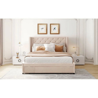 Queen Bed Frame with Storage Drawer, Velvet Upholstered Storage Bed, Wood Platform Bed Frame with Wingback Headboard and a Big Drawer(Beige)