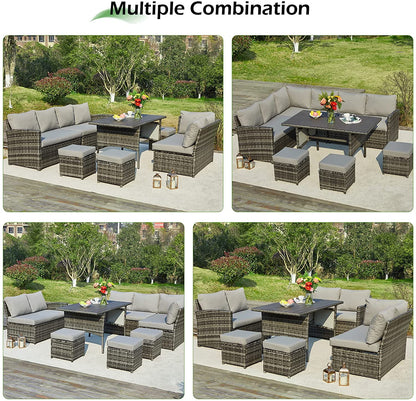 AECOJOY 7 Piece Patio Furniture Set PE Rattan Outdoor Dining Set Sectional Sofa Couch with Table Patio Conversation Set in Gray