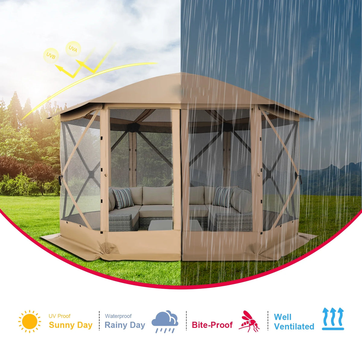 HOTEEL 12x12 Portable Pop-Up Outdoor Camping Gazebo, Screen Tent with Mosquito Nettings, Waterproof, UV, Bite Proof, Removable top Glamping Canopy with Carry Bag, Gray