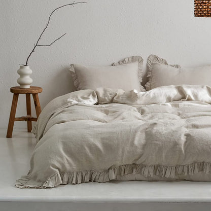 Simple&Opulence 100% Washed Linen Duvet Cover Set-3 Pieces Shabby Chic Premium Ruffled Bedding with 1 Comforter Cover and 2 Pillowshams France Flax High End Frill Sets Vintage Style(King, White)