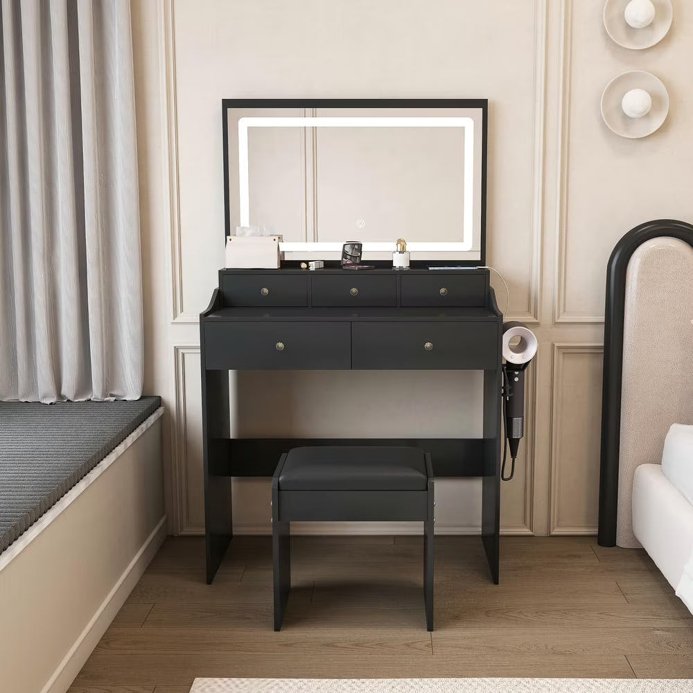 Kadyn Vanity Desk with Lighted Mirror, Vanity Table and Chair Set with 2 Drawers, Dressing Table Makeup Desk with 1 Door, Retro Gray