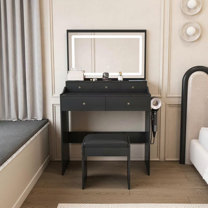 Kadyn Vanity Desk with Lighted Mirror, Vanity Table and Chair Set with 2 Drawers, Dressing Table Makeup Desk with 1 Door, Retro Gray